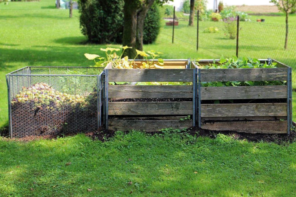 A series of compost bins.