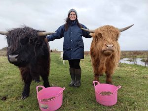 Chloe Lucas on the Essex marshes with her two highland cattle.
