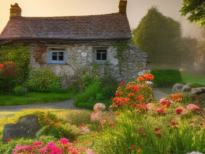 English cottage garden in bloom in Cotswolds.