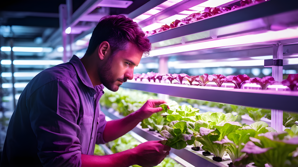 A man checks vegetables growing under LED Lights.