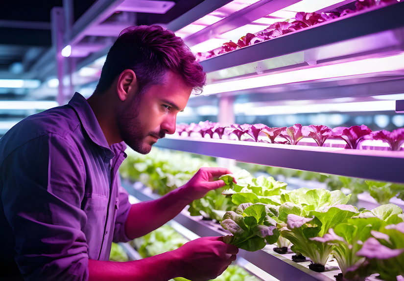 A man checks vegetables growing under LED Lights.