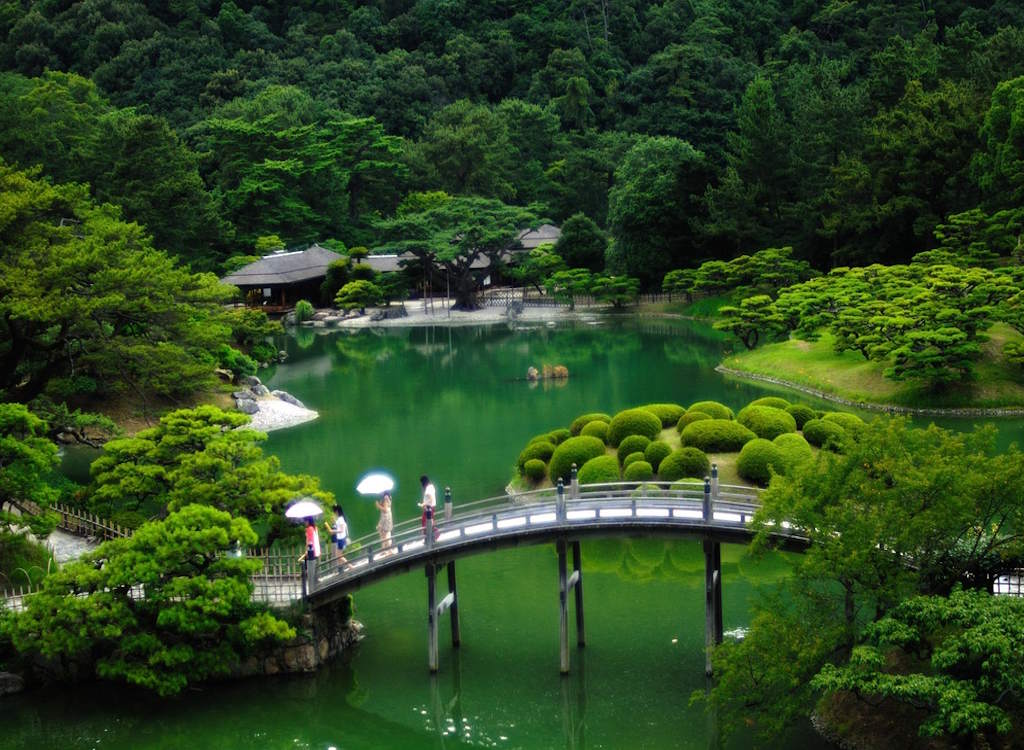 Japanese garden with a bridge.