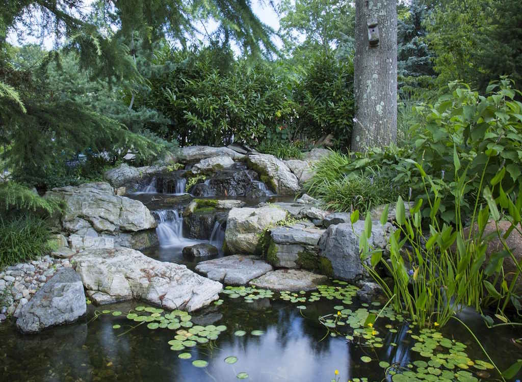 A waterfall and pond with stone rockface.